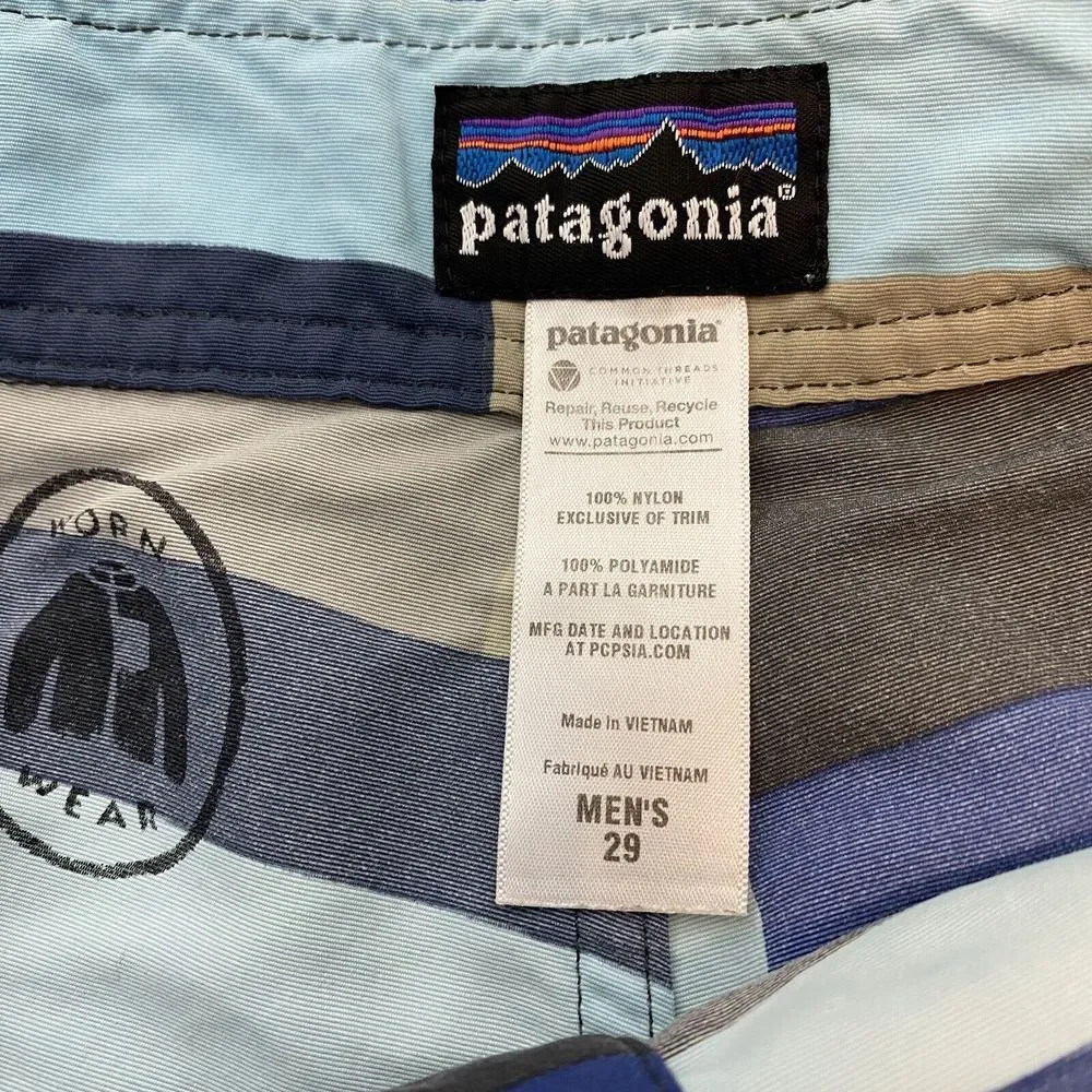 Patagonia Trunks Board Short Mens Size 29 Beach Blue Striped Swim Logo Wavefarer